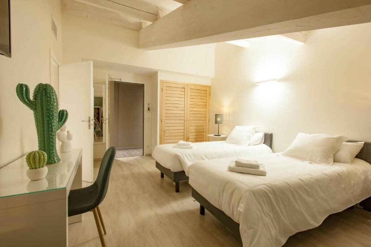 A hotel room with two beds, a desk, a chair, a cactus, and a wooden wardrobe.