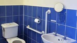 Ein Badezimmer mit Toilette, Waschbecken und blauen Fliesen.