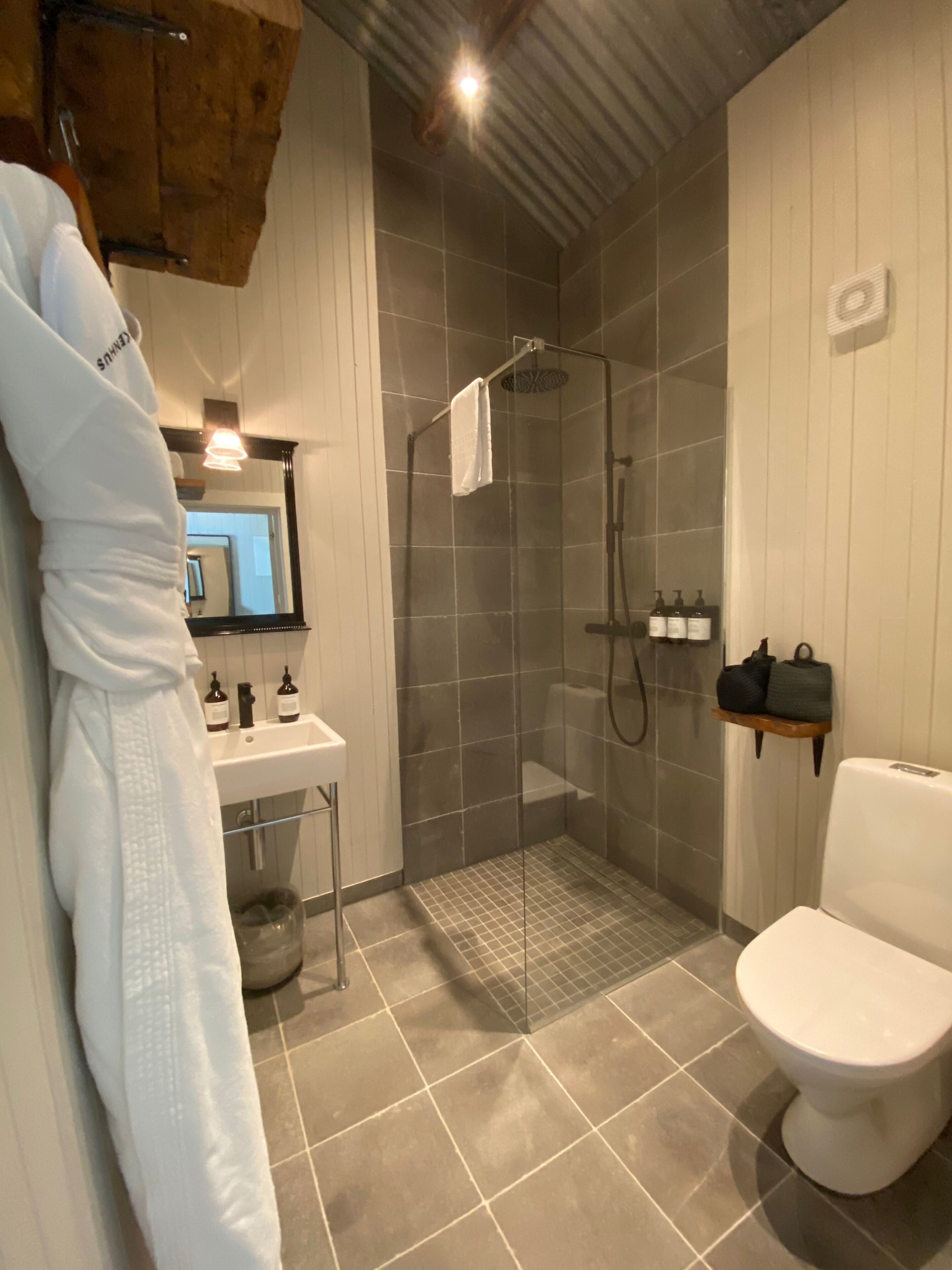 A modern bathroom with a glass-enclosed shower, a white toilet, and a sink with toiletries.