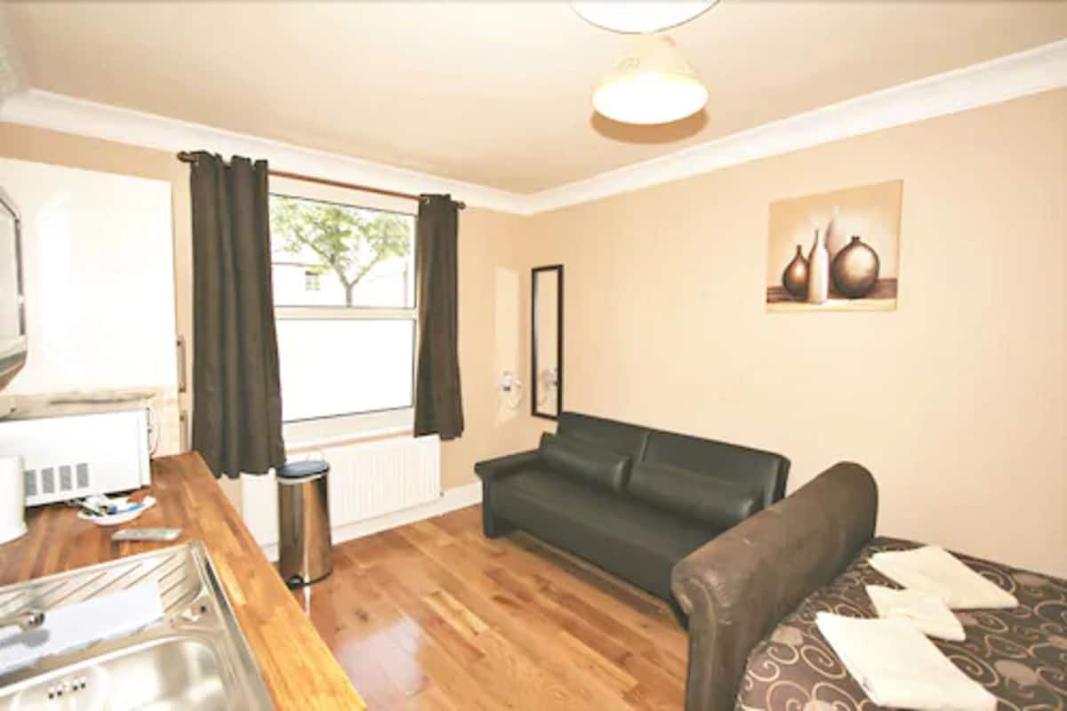 A compact living space with a kitchenette, a sofa, and a dining area.