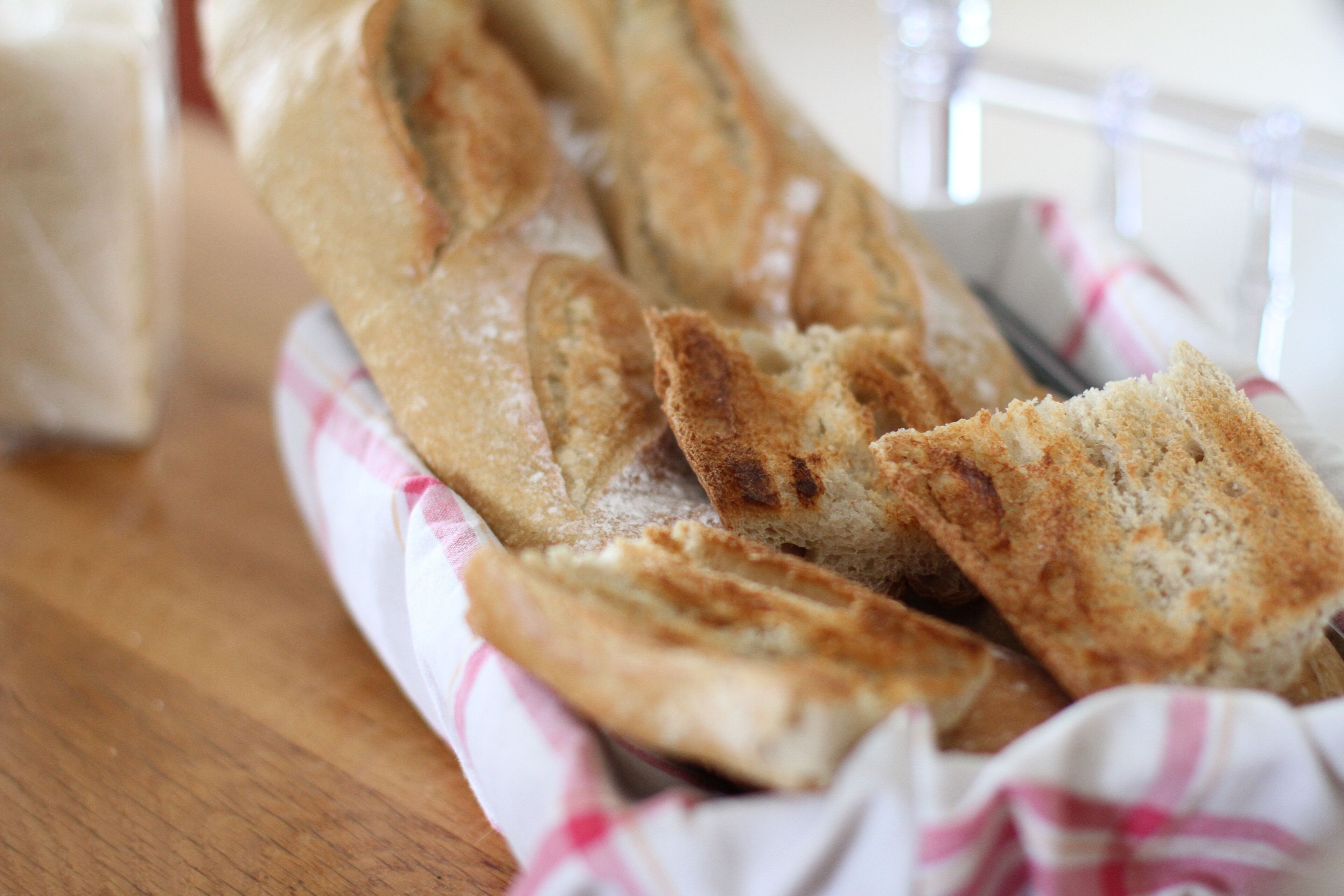 A basket of baguettes on a wooden table with a checkered cloth.
