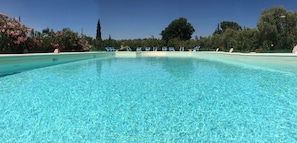 Outdoor pool, pool umbrellas, pool loungers