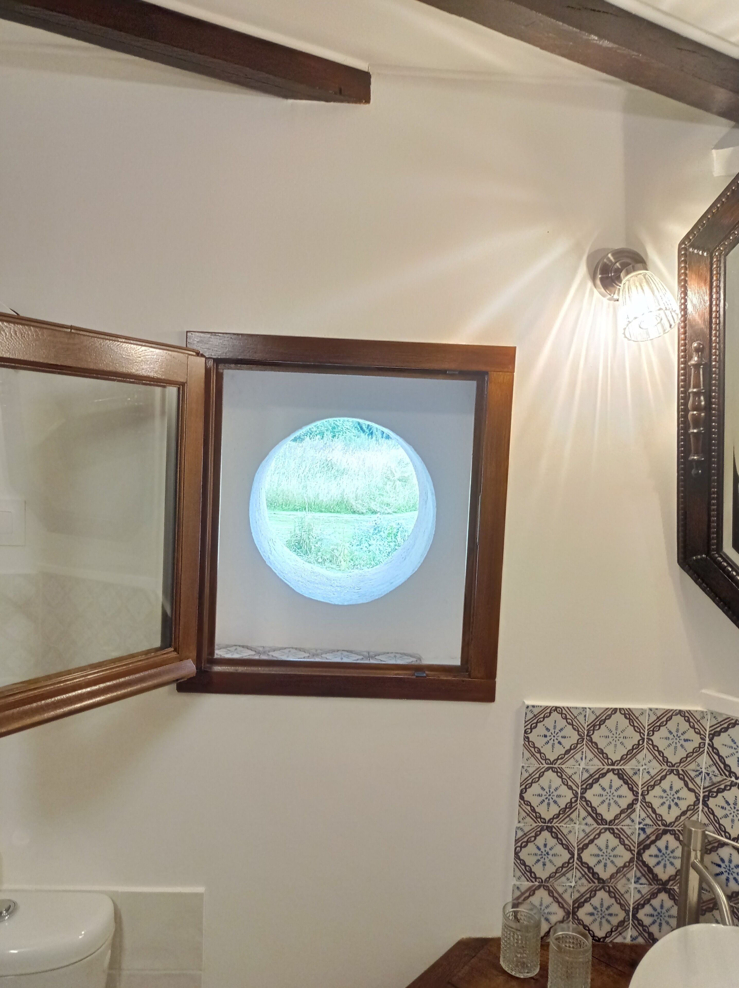 A bathroom with a toilet, a sink, a mirror, and a circular window with a view of greenery.
