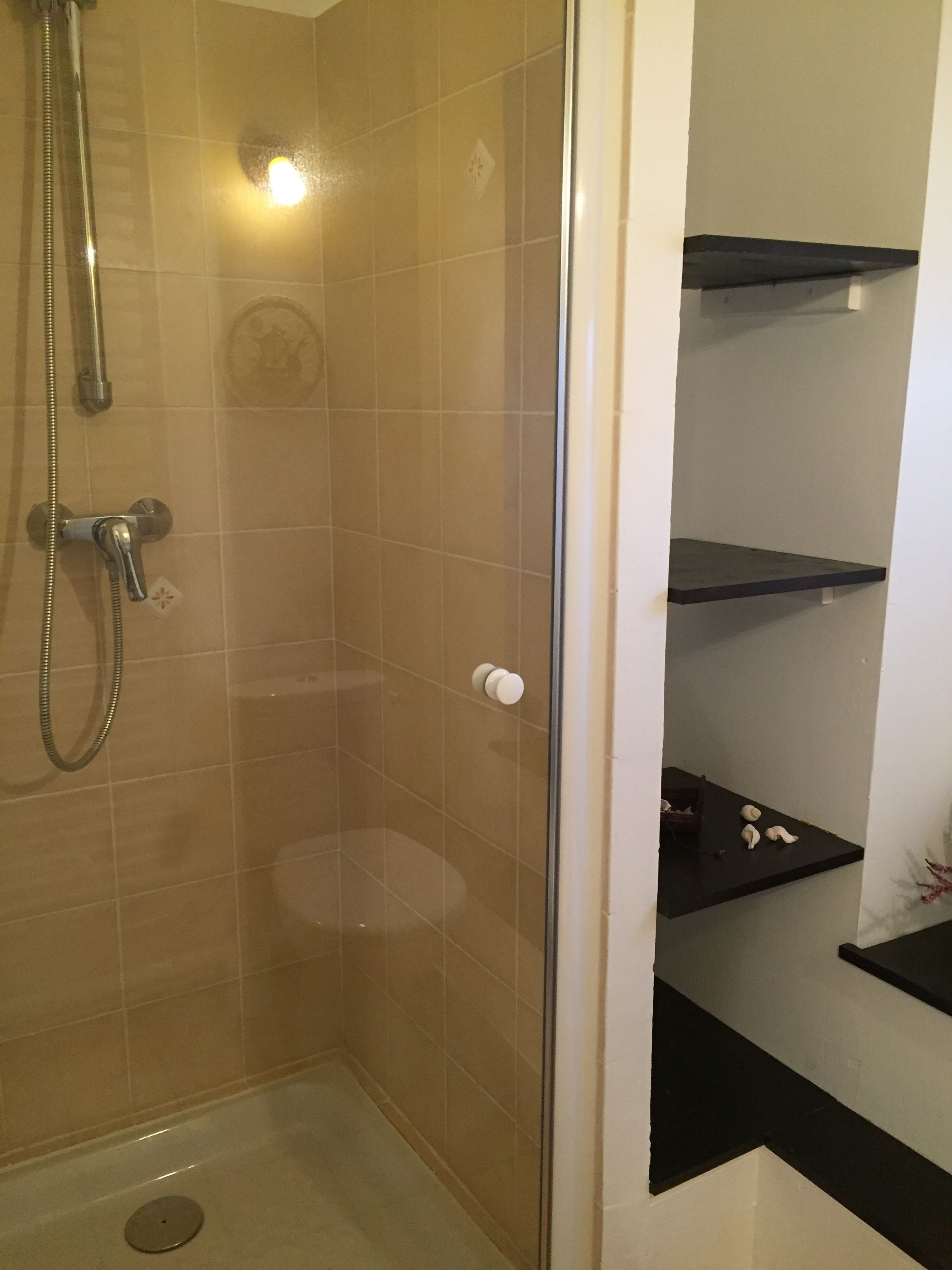 A shower with a glass door, a handheld showerhead, and a wall-mounted faucet. There are three black shelves with various items on them.