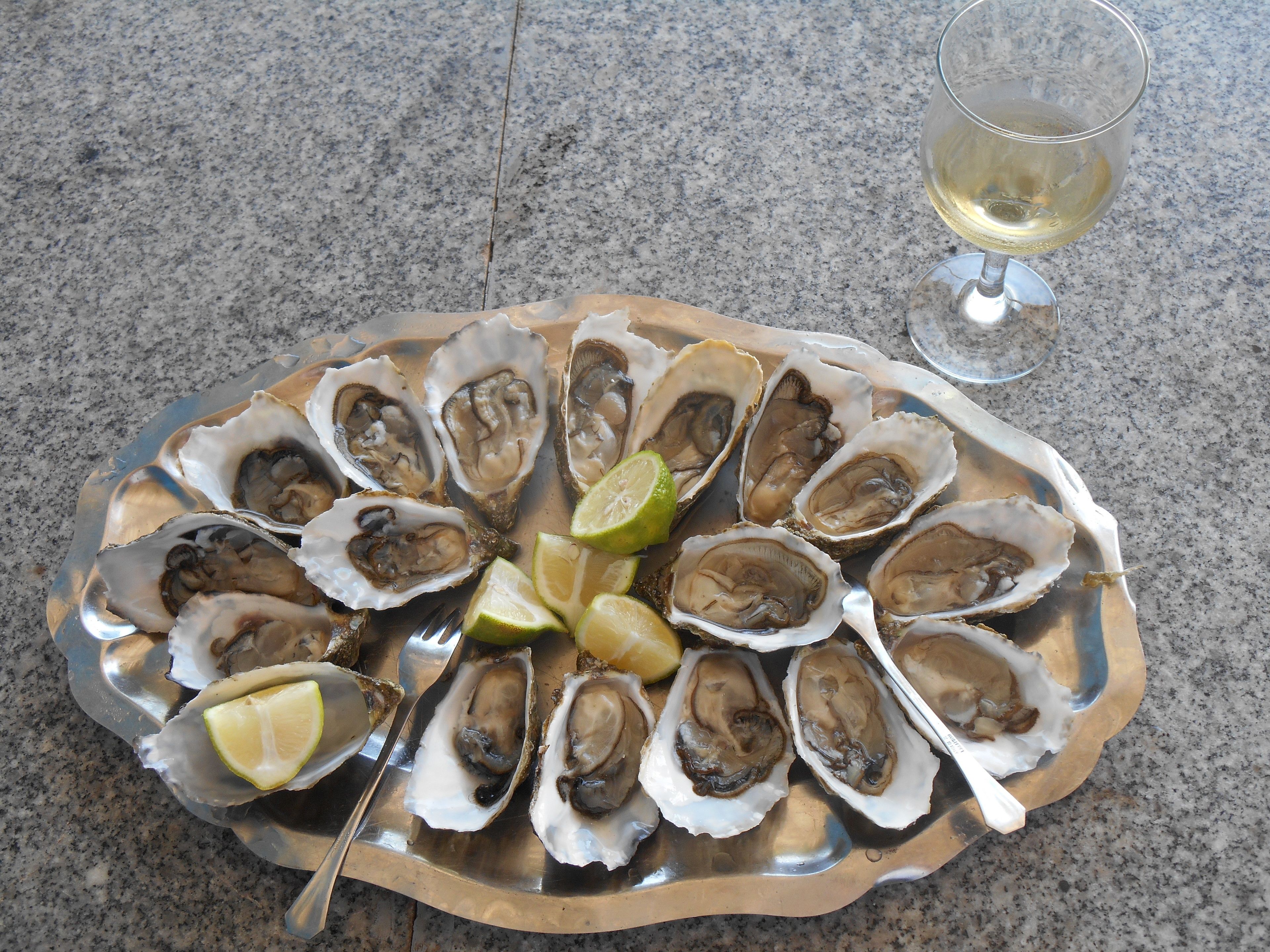 Een bord oesters met partjes limoen en een glas witte wijn op een granieten aanrecht.