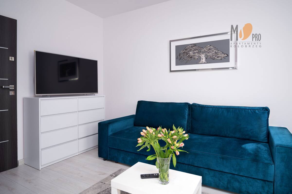 Un salon moderne avec un canapé de couleur turquoise, une table basse blanche ornée d’un vase de fleurs, un téléviseur à écran plat posé sur un meuble blanc et un tableau encadré accroché au mur.