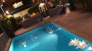 Una piscina amb nenúfars i una font.