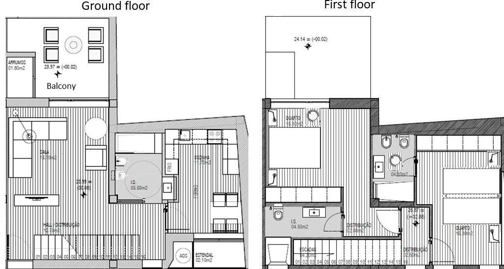 A floor plan of a hotel with a ground floor and first floor, including rooms, a balcony, and a bathroom.