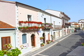 Stroll through this charming European town, lined with traditional buildings featuring balconies adorned with vibrant flowers.