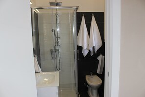 Bathroom features a glass-enclosed shower, handheld showerhead, and wall-mounted faucet, along with a sink, mirror, toilet, and bidet.