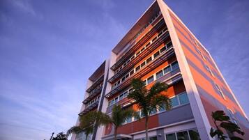 Guests can enjoy balconies with outdoor space on each floor.