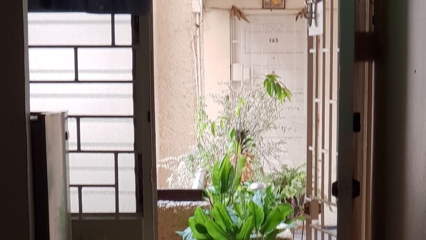Une pièce avec un sol carrelé, une plante en pot, un bureau sur lequel se trouve un casque, et une porte donnant sur l’extérieur.