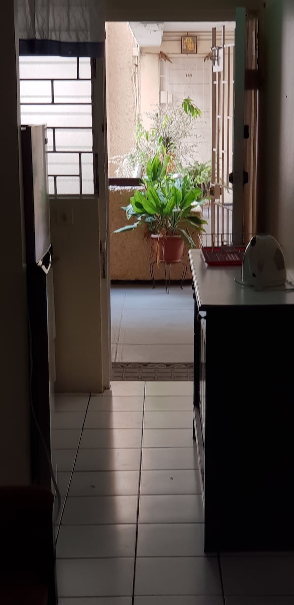 Enter a serene space with a doorway leading to an outdoor area, complete with a potted plant and a table.