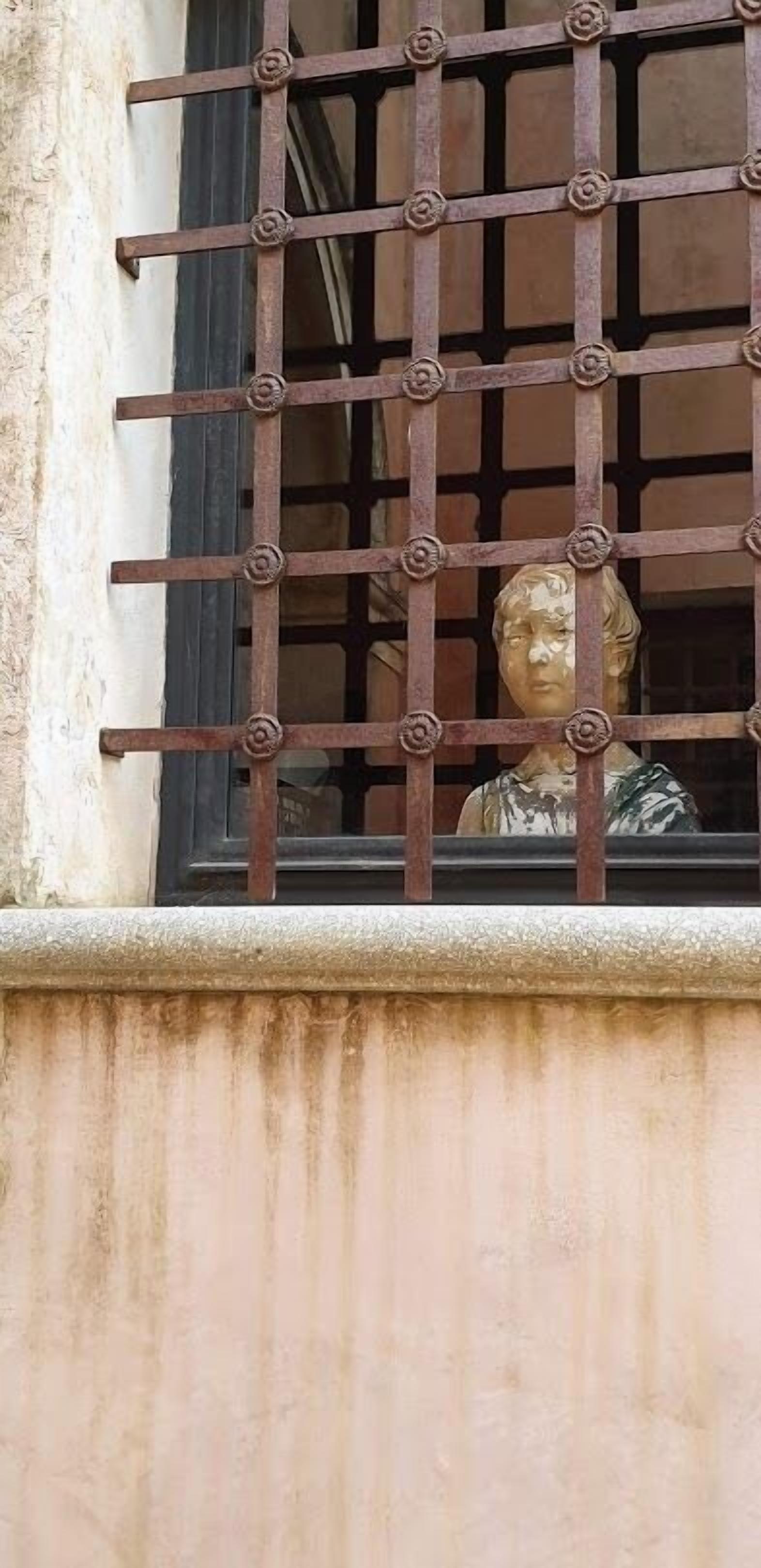 A window with a metal grille and a statue of a person behind it.