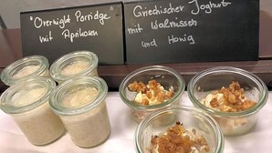 A selection of food items with handwritten labels indicating their names.