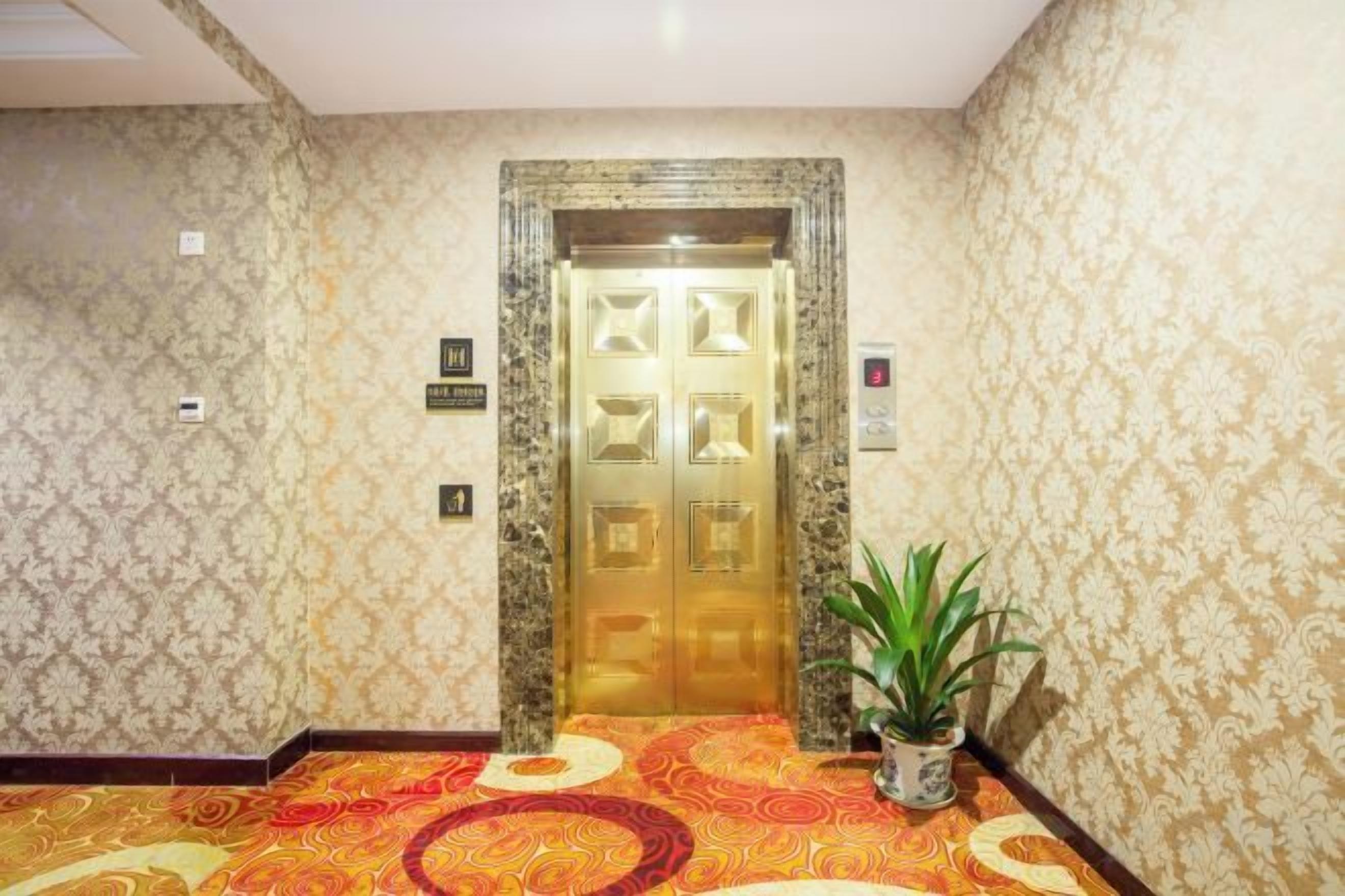 Un vestíbulo de hotel con alfombra estampada, una planta en maceta y un ascensor de doble puerta.
