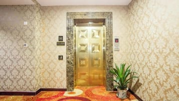 Un vestíbulo de hotel con alfombra estampada, una planta en maceta y un ascensor de doble puerta.