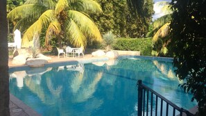 Outdoor pool, pool umbrellas, pool loungers