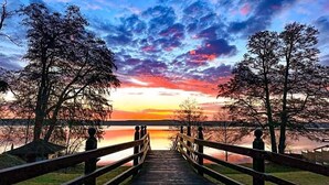 A wooden boardwalk leading to a body of water with trees on either side.