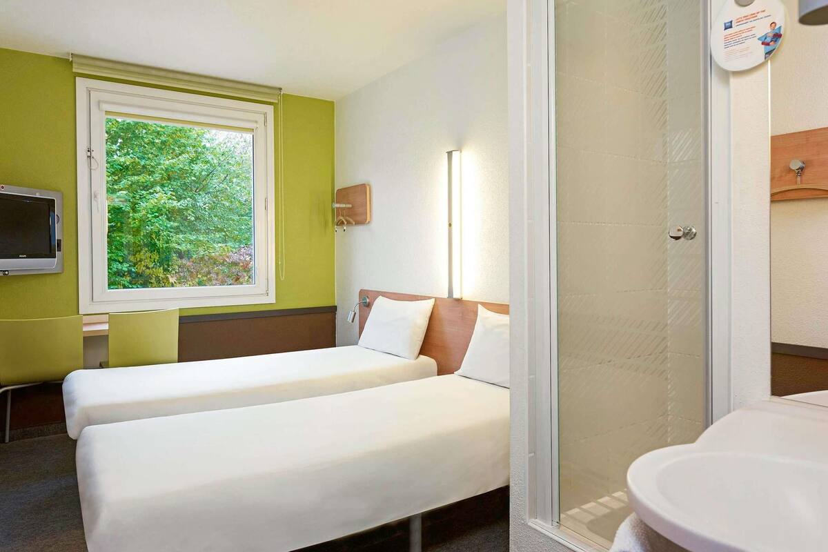 A hotel room with a bed, a TV, a window with a view of greenery, and a shower area.