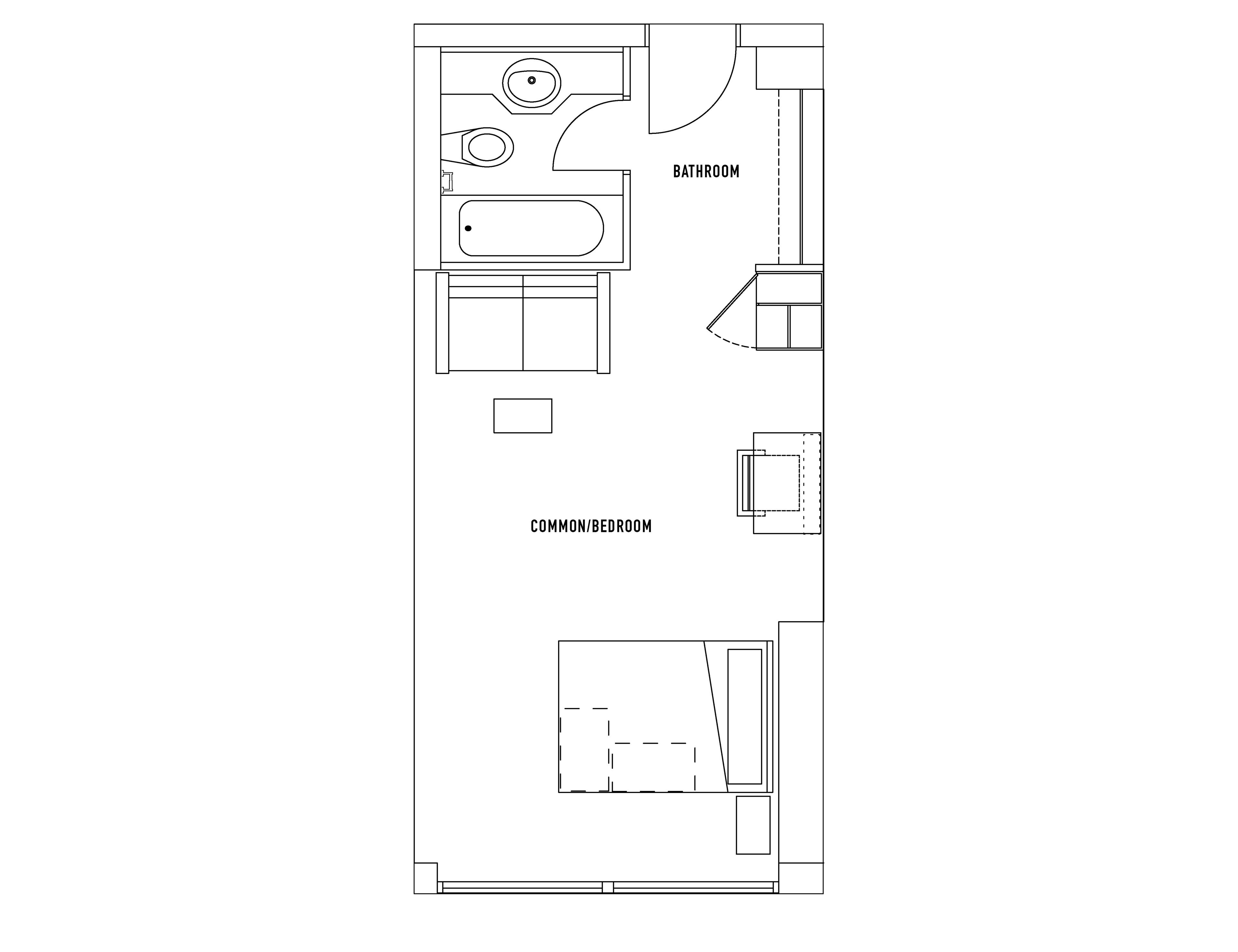 A floor plan with a bathroom, a common/bedroom area, and a kitchen.