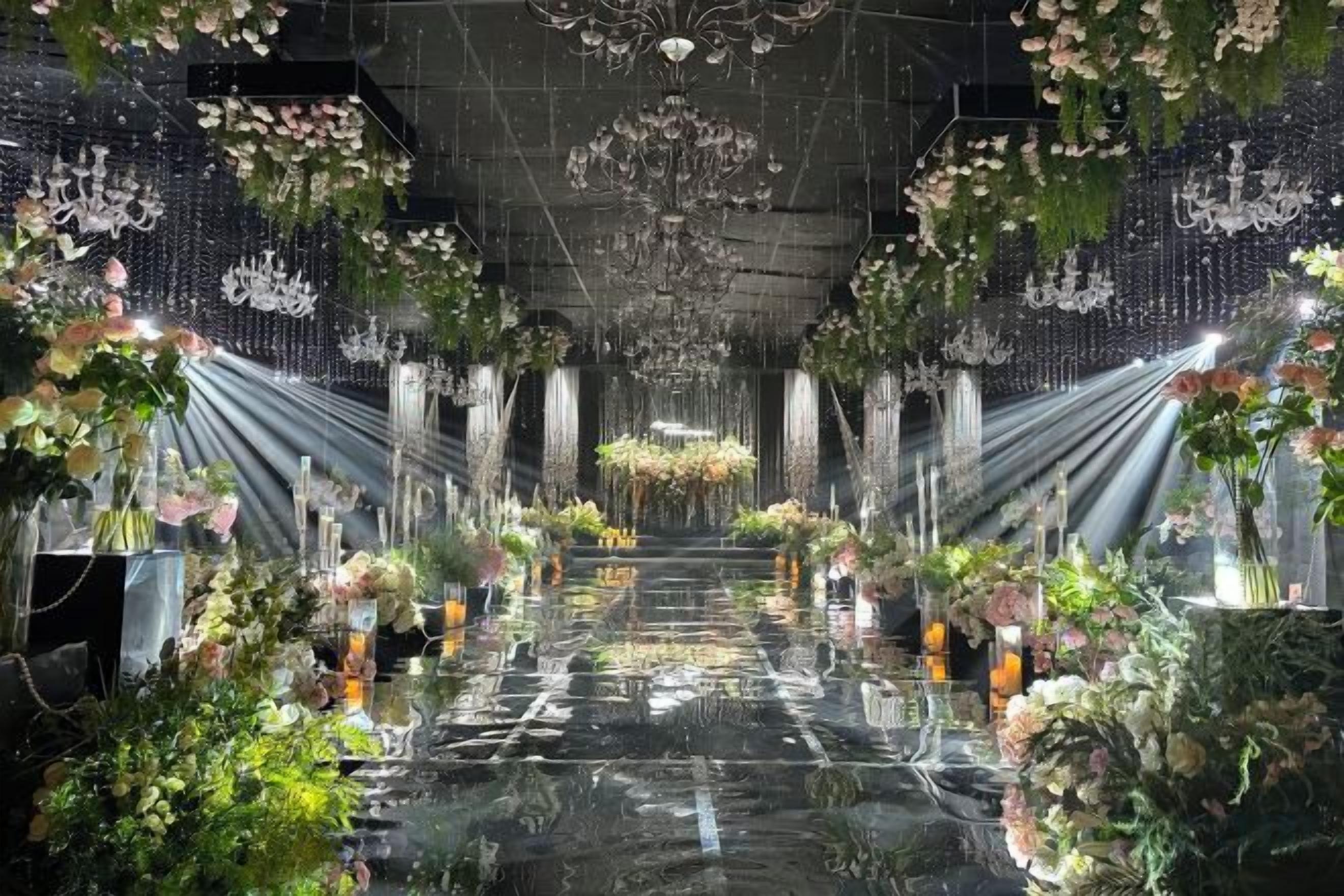 An indoor venue with a reflective floor, floral arrangements, and chandeliers.
