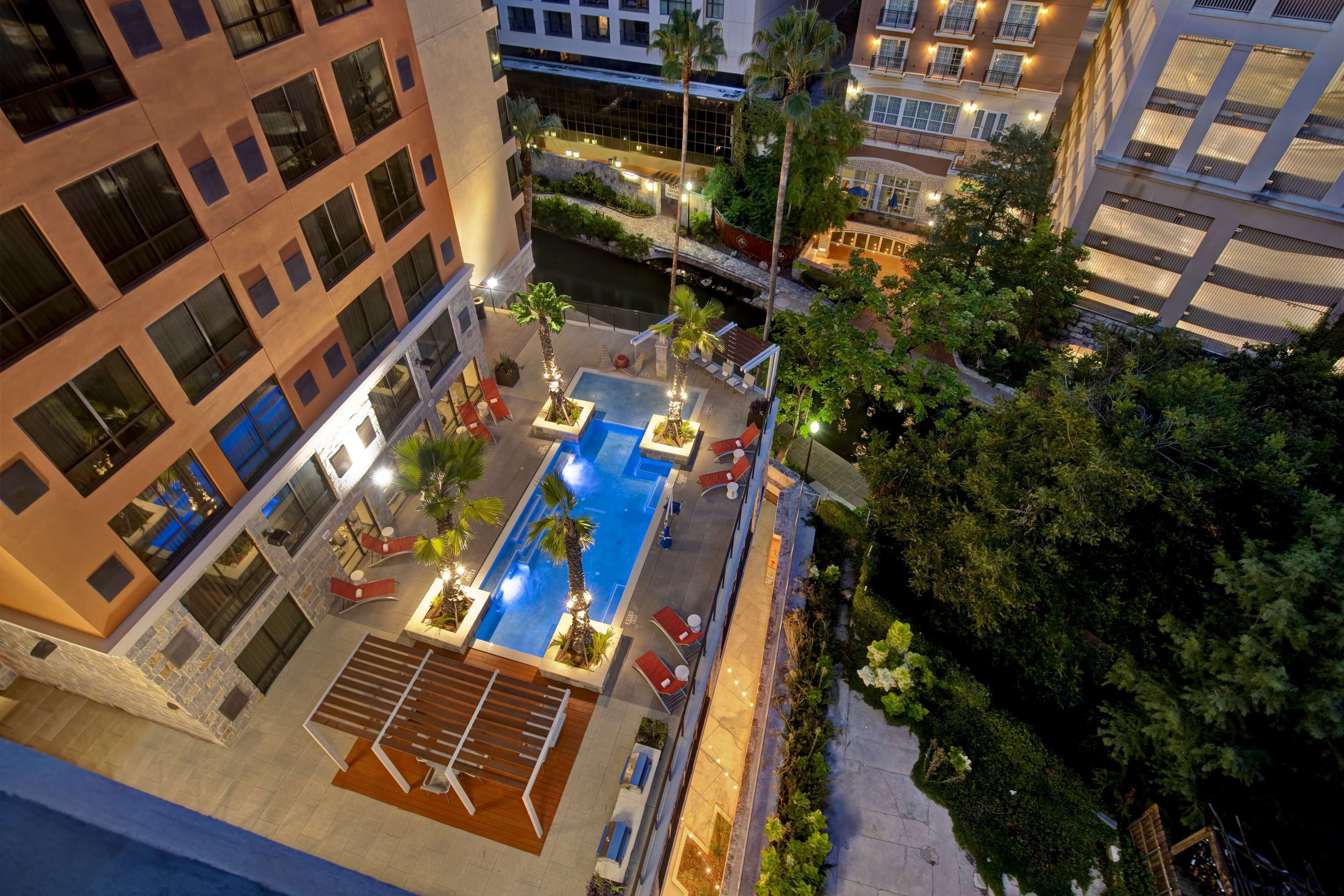 A rooftop pool area with a rectangular pool, sun loungers, and palm trees.