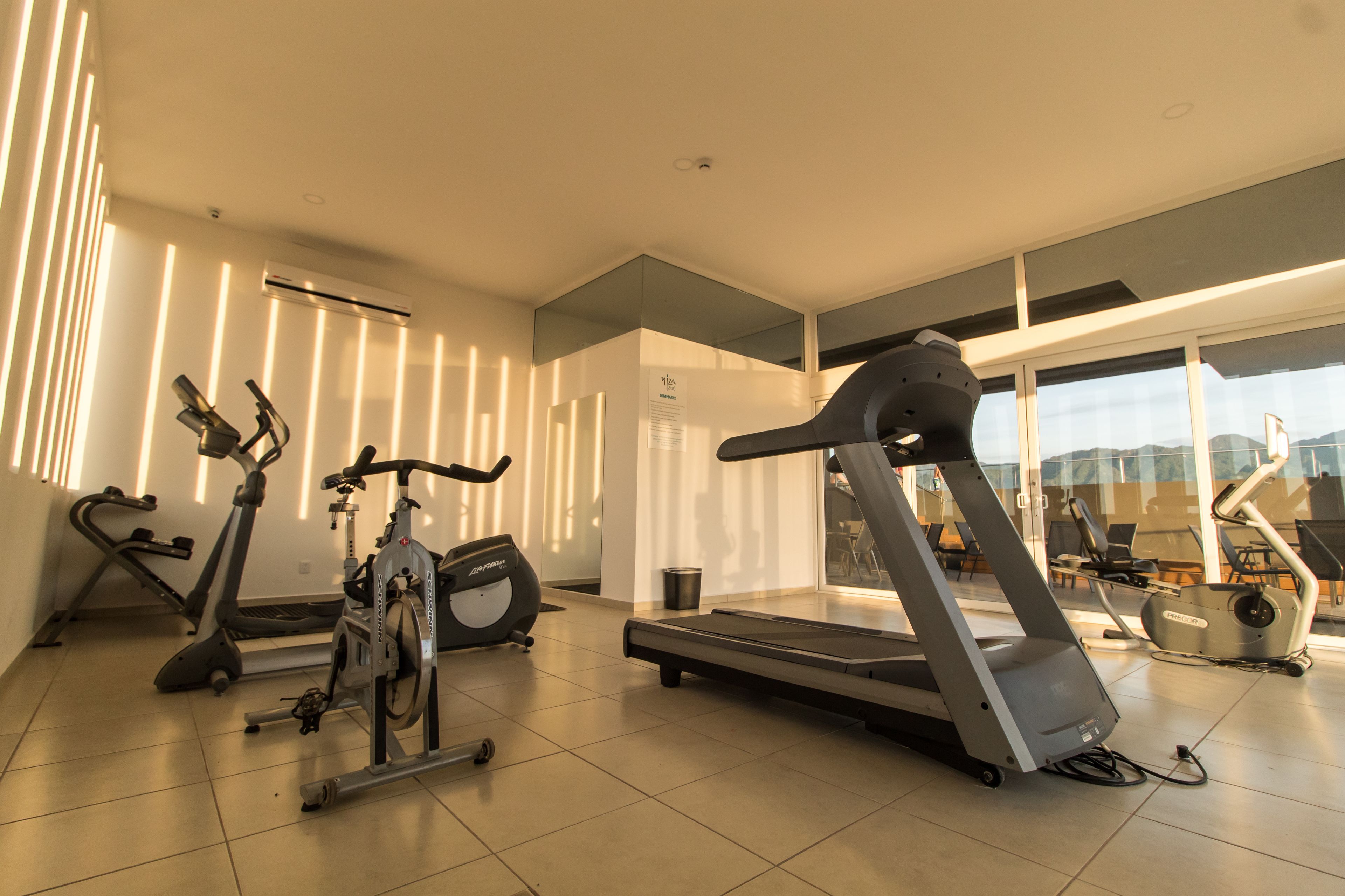 A modern gym with various cardio machines, a large window offering a view of the outdoors, and a minimalist design.