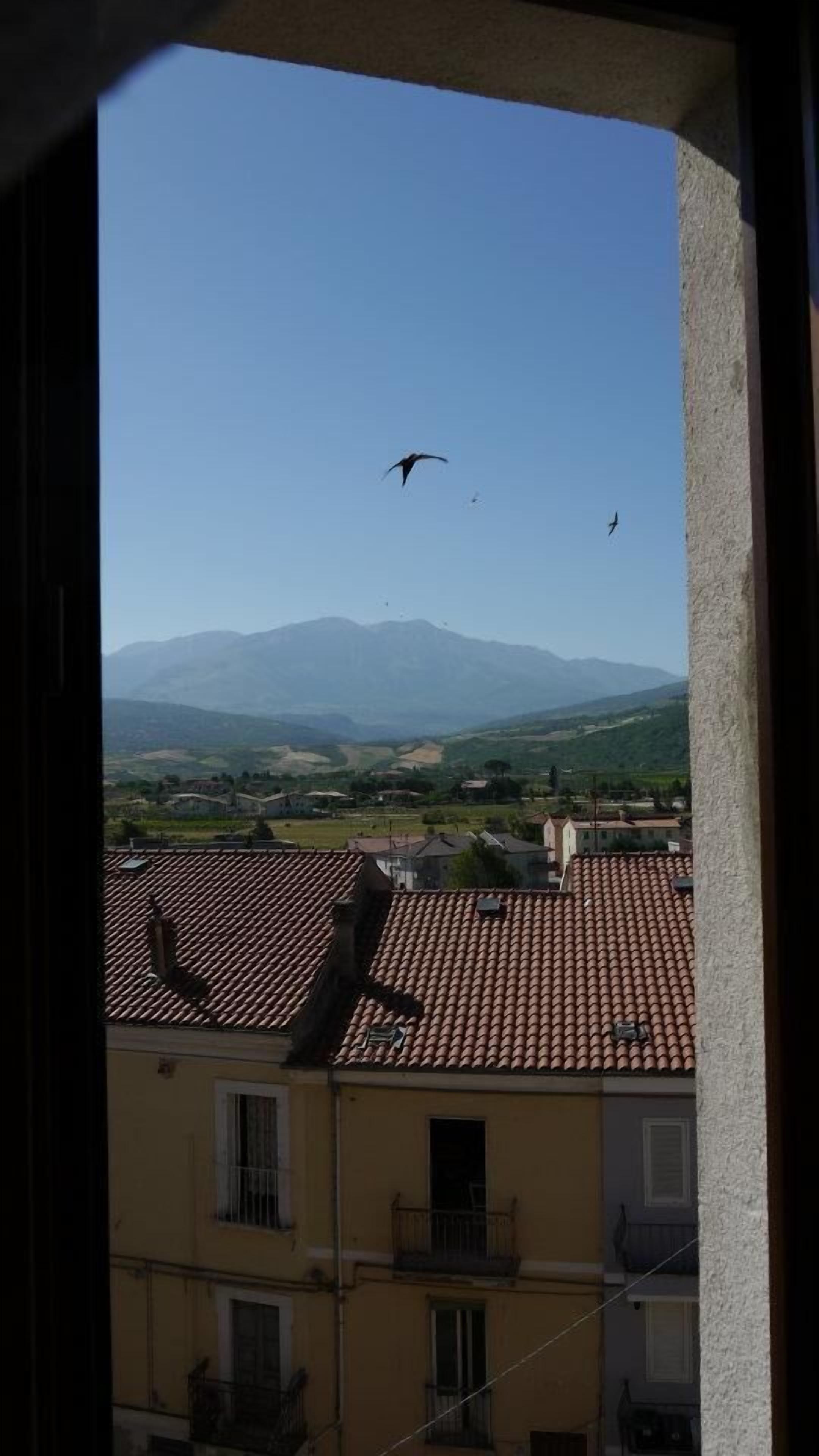A view of a mountain range from a window overlooking a town with terracotta-tiled roofs and traditional buildings.