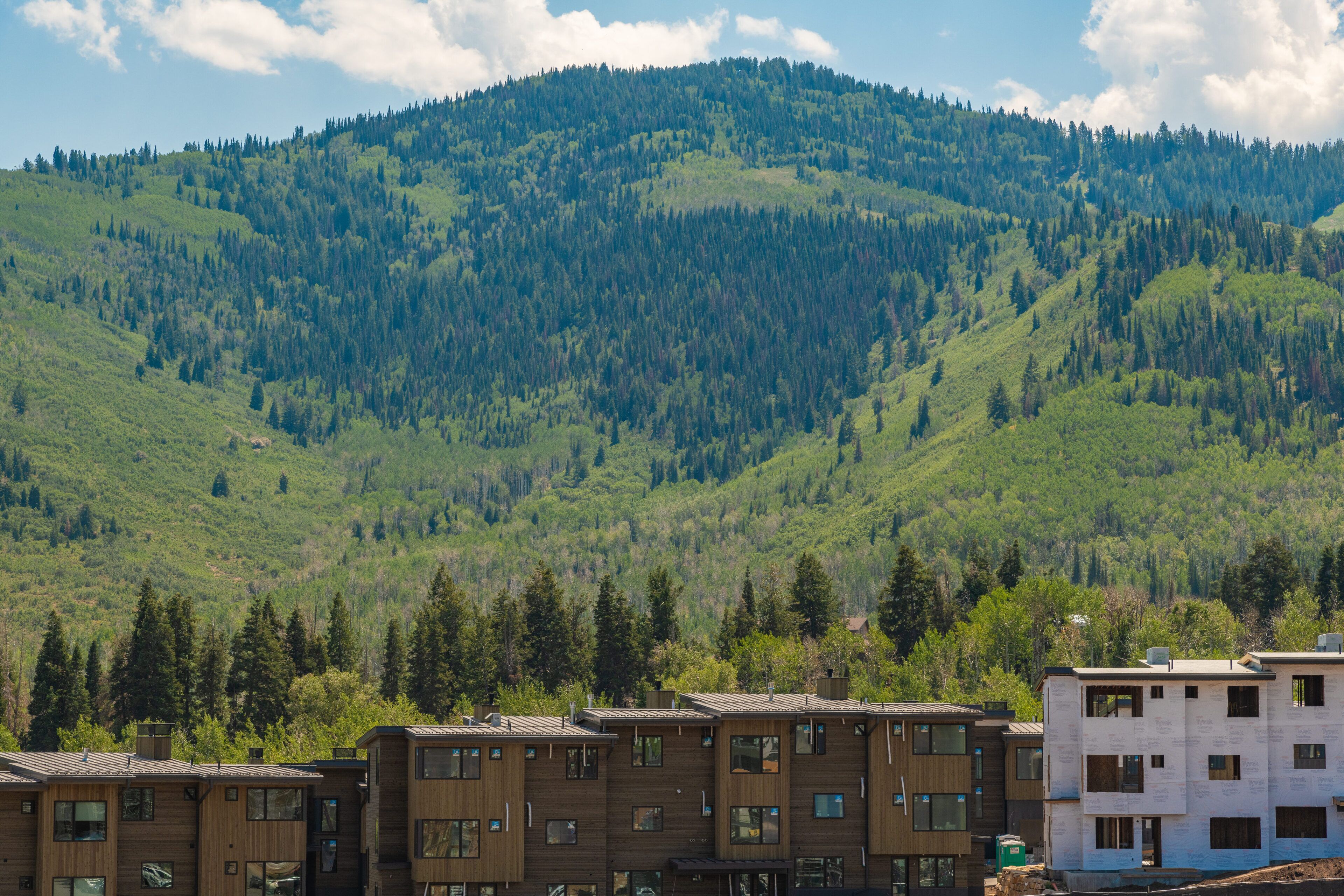 A residential area with modern multi-story buildings, surrounded by lush green hills and dense forest.