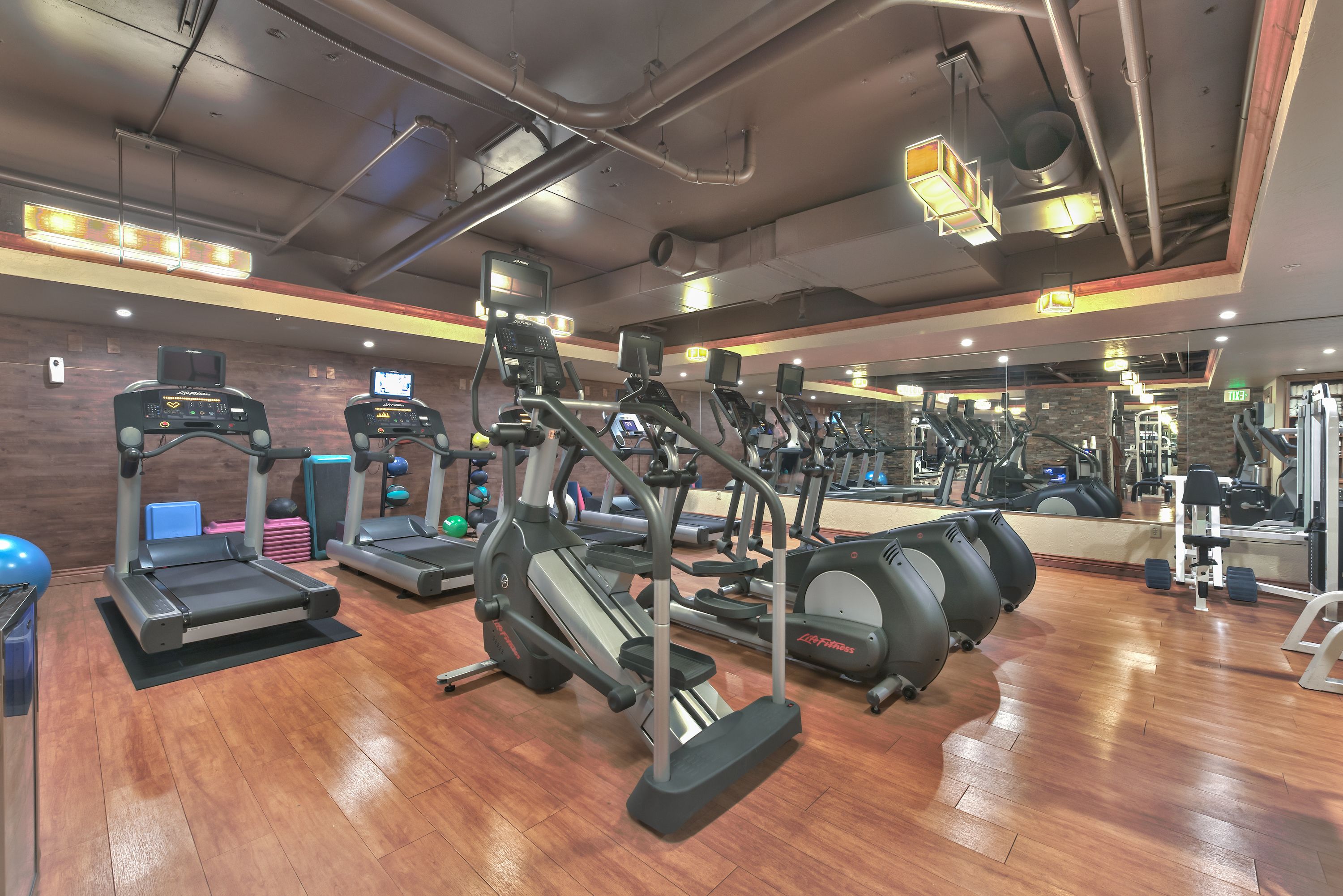 A gym with treadmills, elliptical machines, and weight equipment.