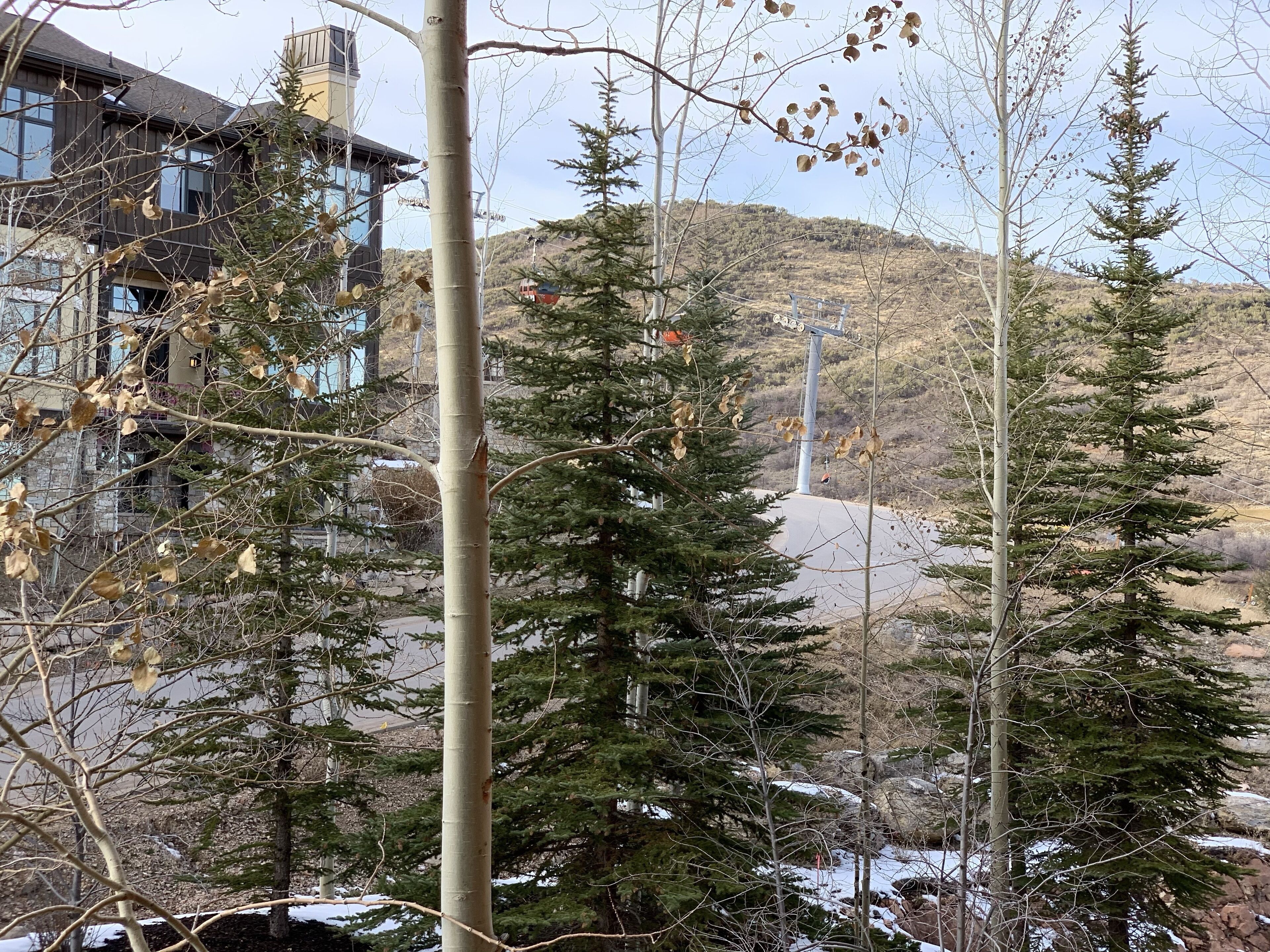 A view of a building with a modern architectural style, surrounded by trees and a hilly landscape.