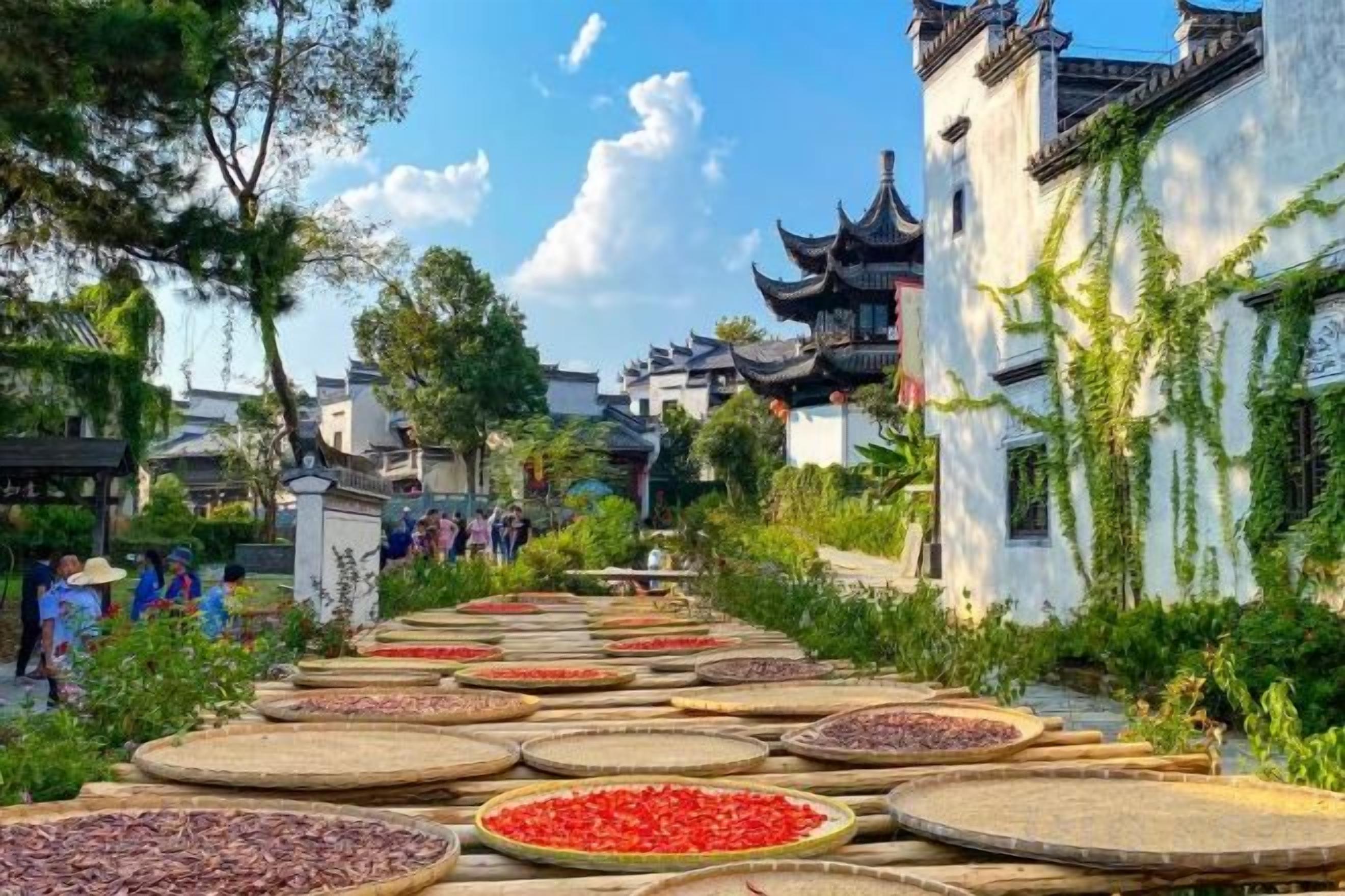 A traditional courtyard with a pathway lined with round tables displaying various food items.