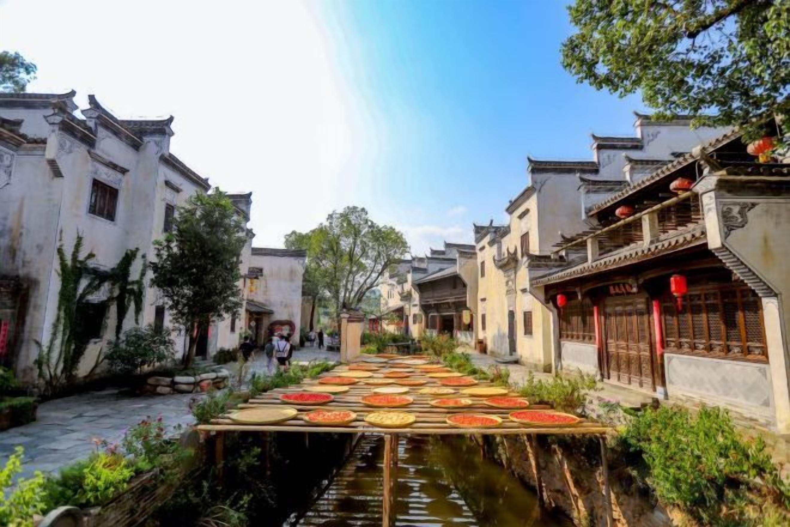 Una strada tradizionale con edifici, un canale stretto e un ponte di legno.