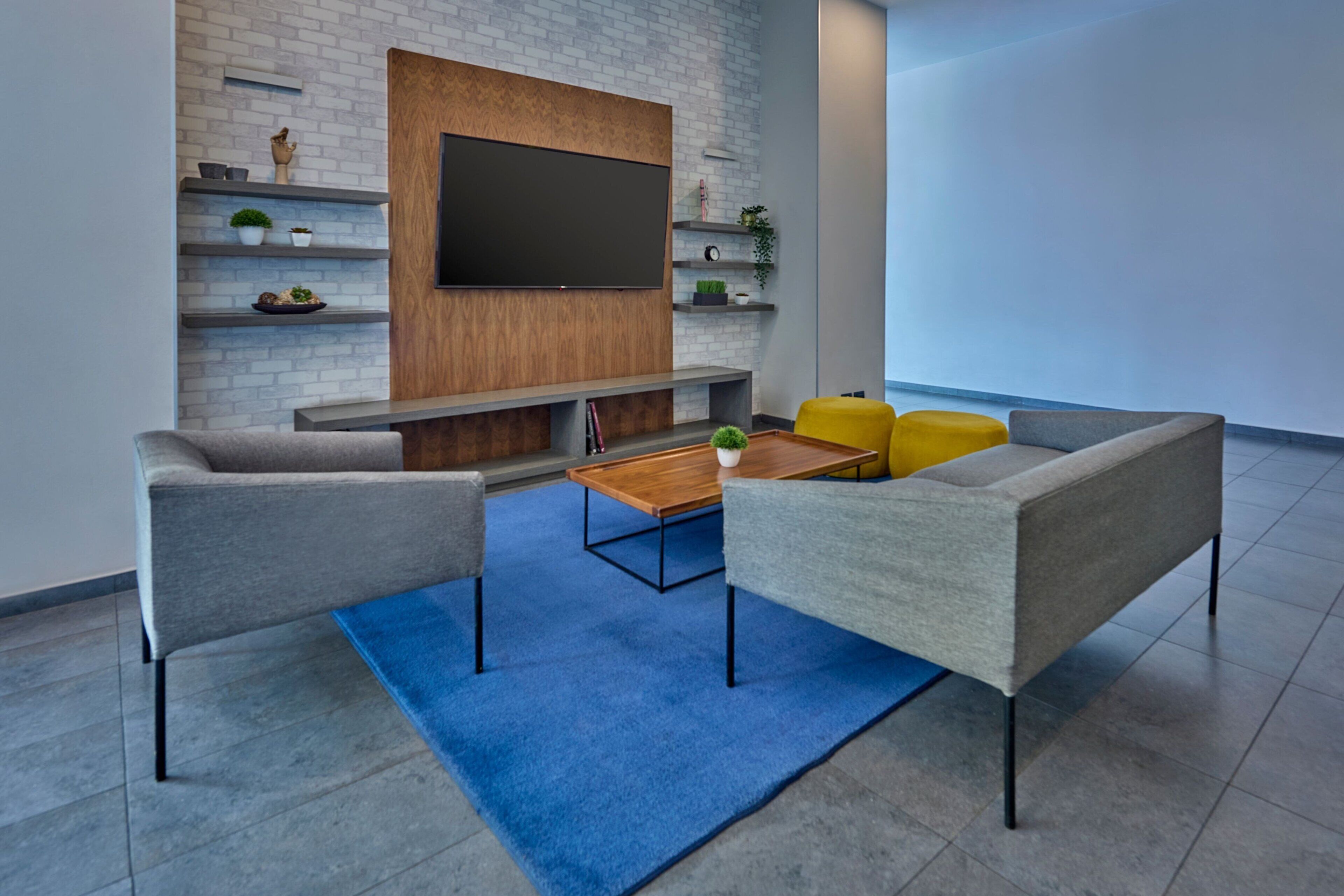 Una sala de estar moderna con una televisión de pantalla plana montada en una pared de ladrillo, sofás grises, una mesa de centro de madera y una alfombra azul.