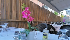 A table set for dining with a potted plant, condiment containers, and a candle.