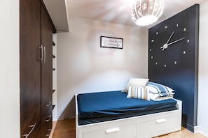 1 bedroom, premium bedding, laptop workspace, blackout curtains