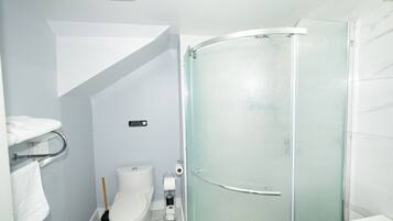 A bathroom with a toilet, a shower, a towel rack, and a toilet paper holder.