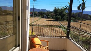 Un balcón con vistas a campos de cultivo y montañas.