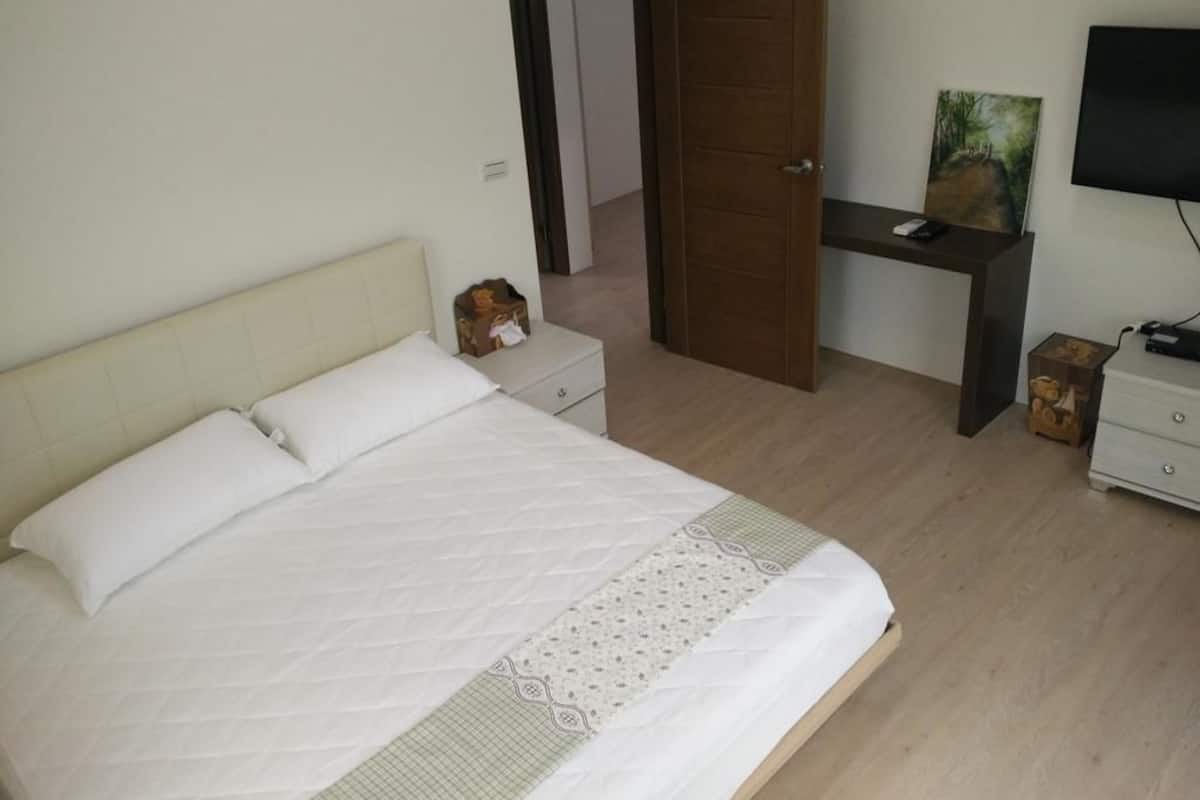 Un dormitorio con cama, escritorio, televisor y puerta.