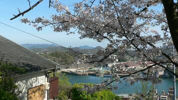 A residential area with a view of a body of water, a bridge, and distant mountains.