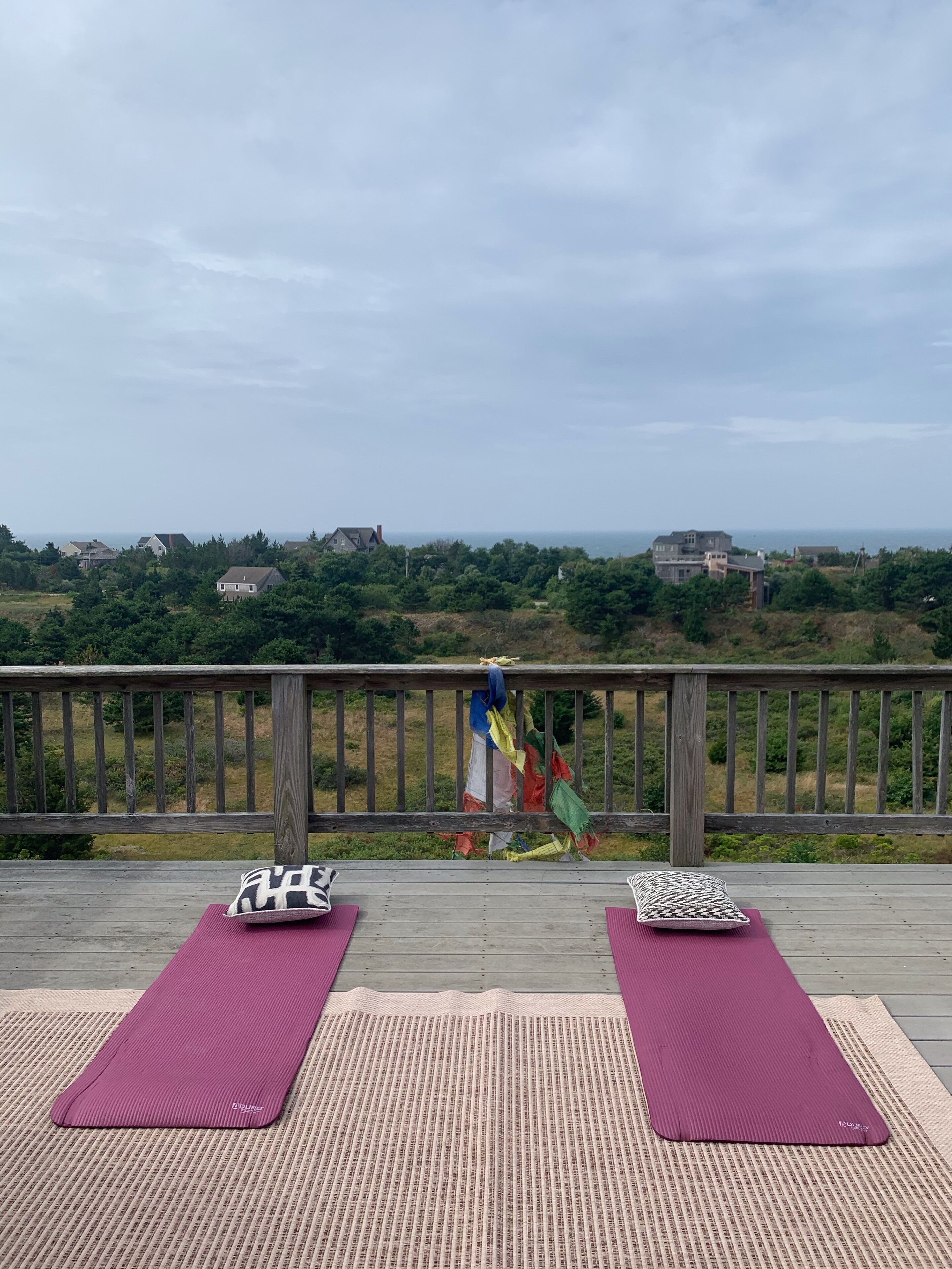 A wooden deck with two purple yoga mats and pillows, overlooking a residential area with houses and greenery.