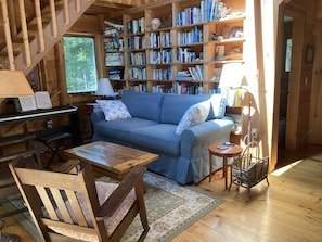 Foyer, lecteur de DVD, table de ping-pong, livres