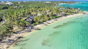 On the beach, sun-loungers, beach towels