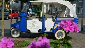 A blue and white covered vehicle with a logo and text indicating it is a tourist car service. - Gasthof Hotel Kopf (Riegel am Kaiserstuhl)