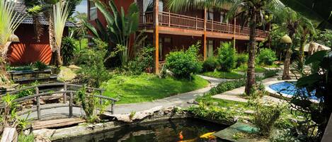 A house with a pool, koi fish, and lush greenery.