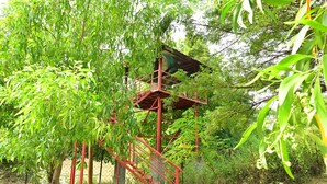 A red metal staircase leading to a green-roofed platform amidst lush greenery. - Tigers Heaven Resort (Chimur)