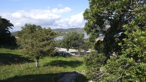 A natural landscape with a stone pathway, trees, and a distant view of hills and water. - Aria di Vacanza - Corallina (Loiri Porto San Paolo)