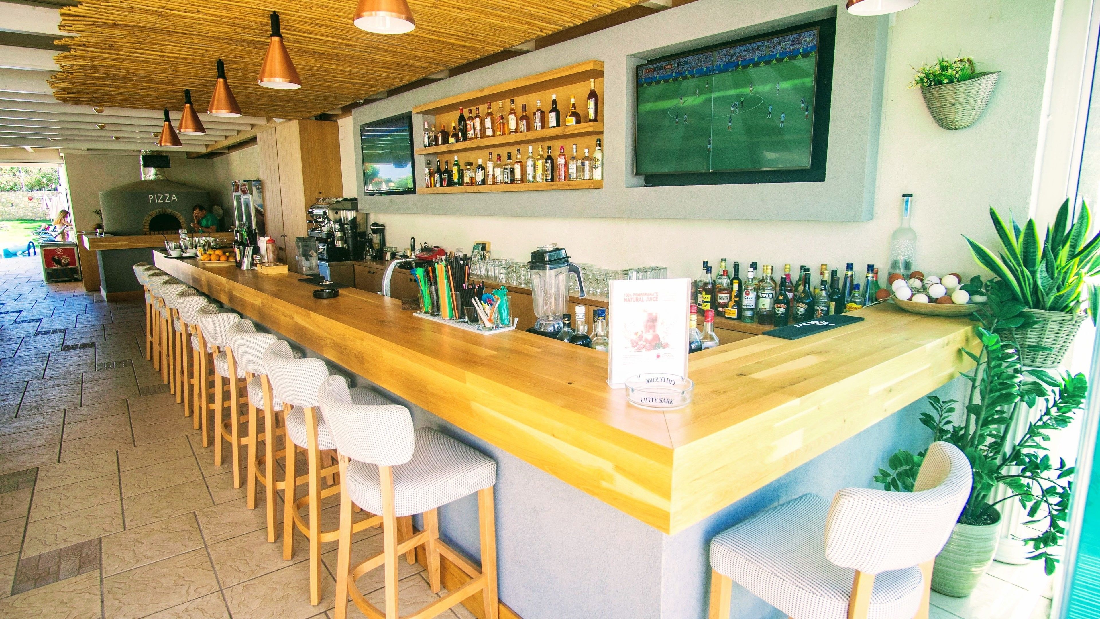Zona de bar con una barra larga, varios taburetes, horno para pizza, estantes con botellas, una pantalla de televisión y plantas en macetas.