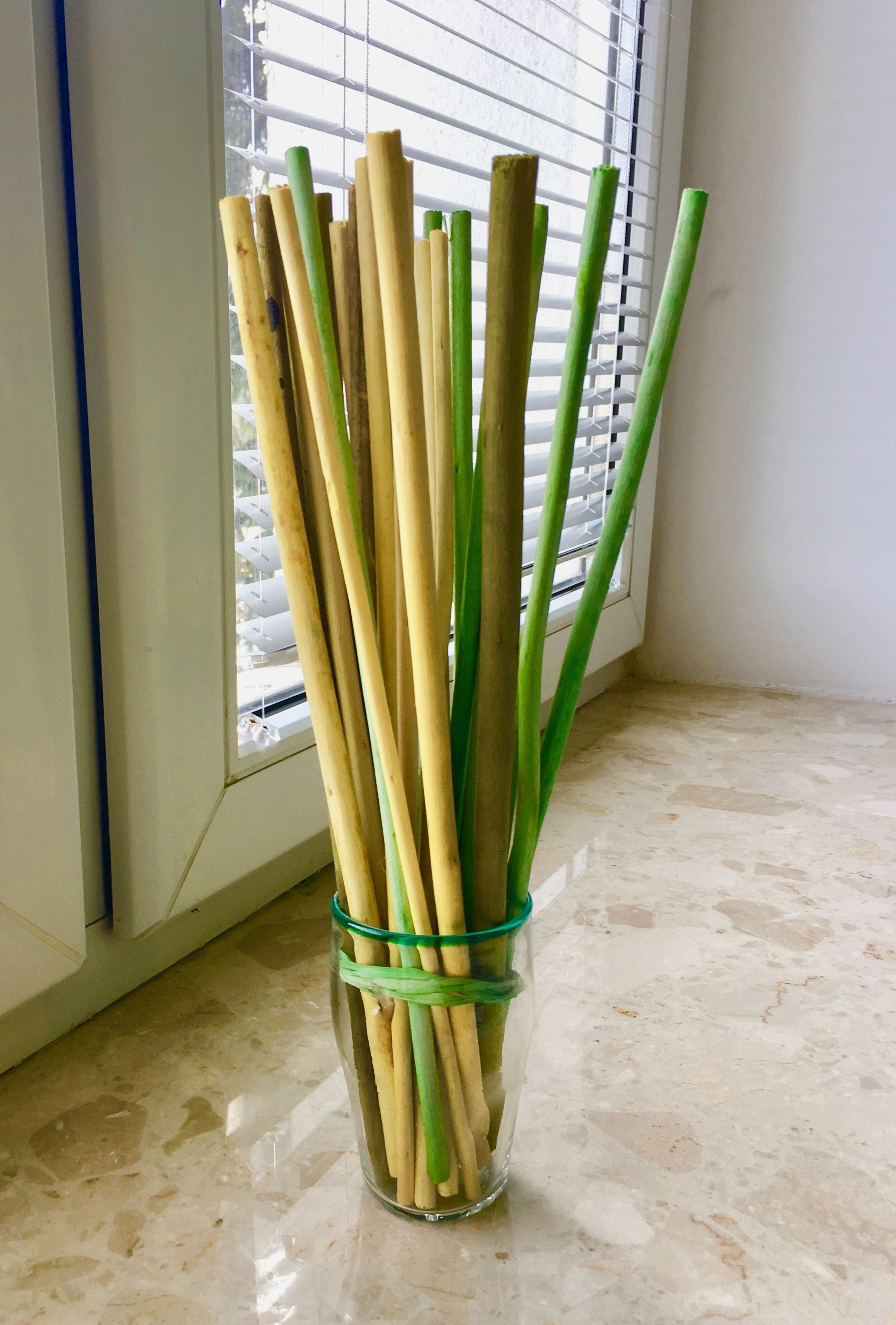 A glass vase with green and beige sticks on a marble floor near a window with blinds.